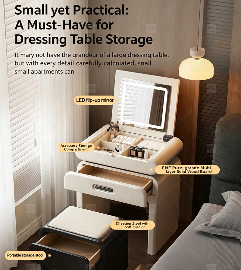 Modern Solid Oak Wood Flip-Top Dressing Table with Square LED Lighted Mirror Hidden Storage Stainless Steel Hardware for Bedroom