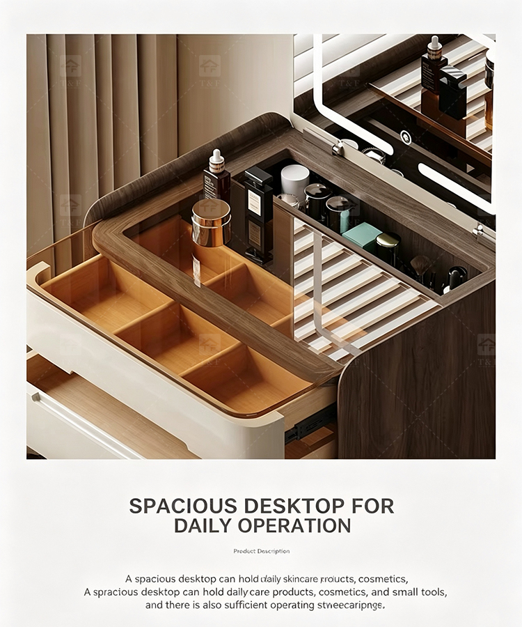 Modern Solid Oak Wood Flip-Top Dressing Table with Square LED Lighted Mirror Hidden Storage Stainless Steel Hardware for Bedroom