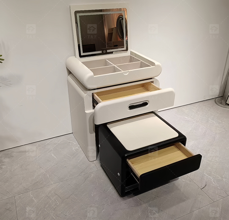 Modern Solid Oak Wood Flip-Top Dressing Table with Square LED Lighted Mirror Hidden Storage Stainless Steel Hardware for Bedroom