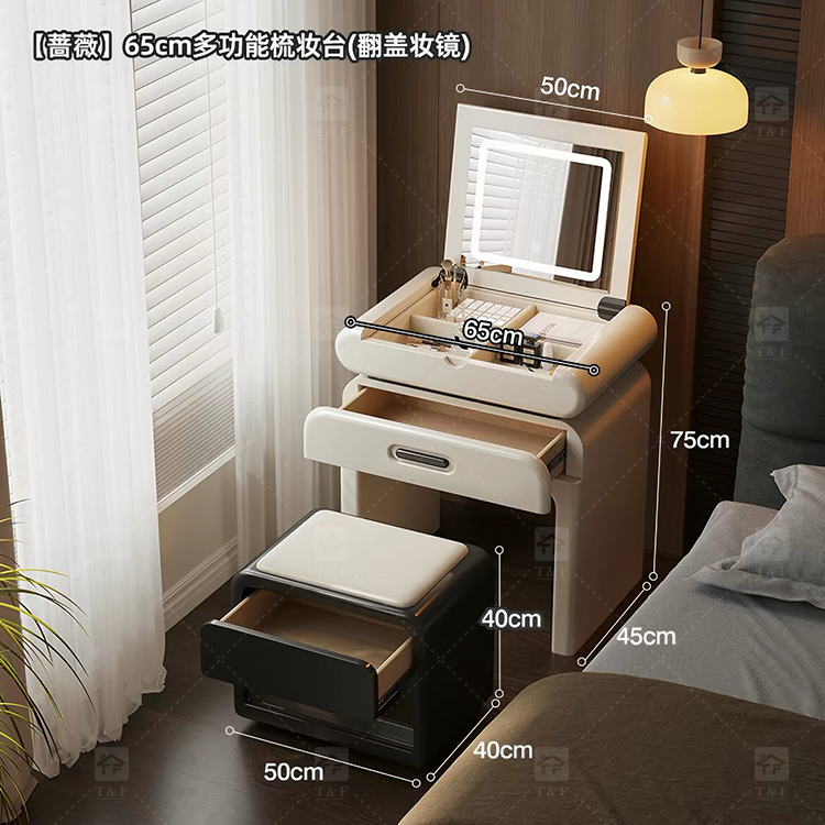 Modern Solid Oak Wood Flip-Top Dressing Table with Square LED Lighted Mirror Hidden Storage Stainless Steel Hardware for Bedroom