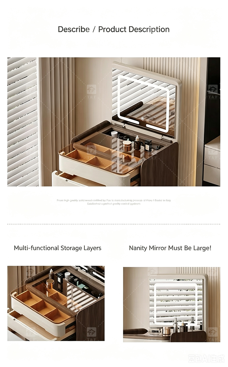 Modern Solid Oak Wood Flip-Top Dressing Table with Square LED Lighted Mirror Hidden Storage Stainless Steel Hardware for Bedroom