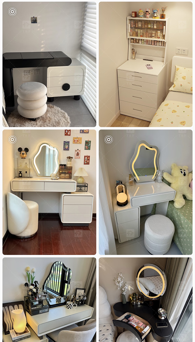 Modern Solid Oak Wood Flip-Top Dressing Table with Square LED Lighted Mirror Hidden Storage Stainless Steel Hardware for Bedroom