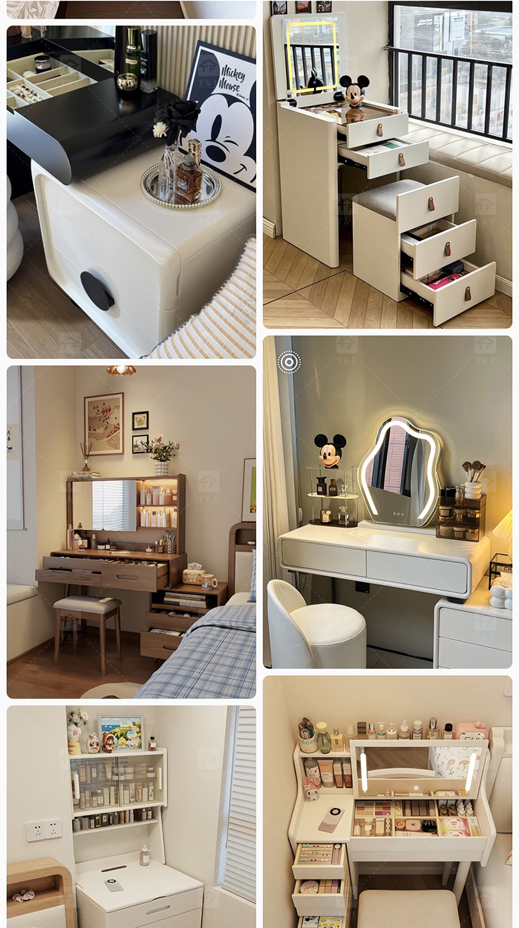 Modern Solid Oak Wood Flip-Top Dressing Table with Square LED Lighted Mirror Hidden Storage Stainless Steel Hardware for Bedroom