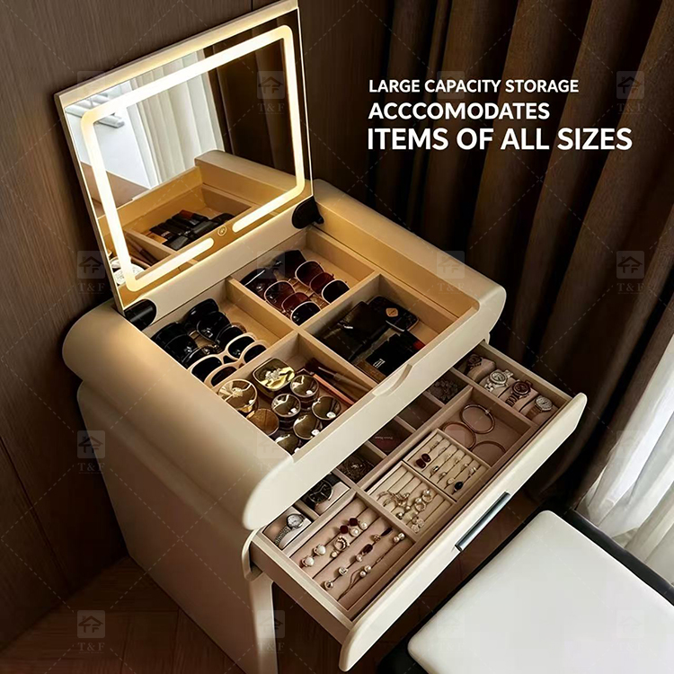 Modern Solid Oak Wood Flip-Top Dressing Table with Square LED Lighted Mirror Hidden Storage Stainless Steel Hardware for Bedroom