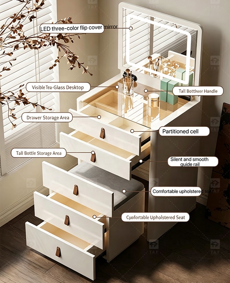 Modern Solid Wood Dressing Table with Flip Top Mirror & Storage Cabinet Multi-functional Makeup Table for Hotel & Bathroom Use