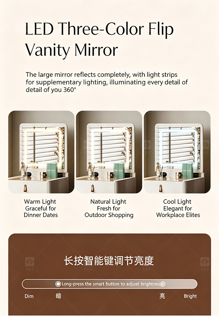 Modern Solid Wood Dressing Table with Flip Top Mirror & Storage Cabinet Multi-functional Makeup Table for Hotel & Bathroom Use