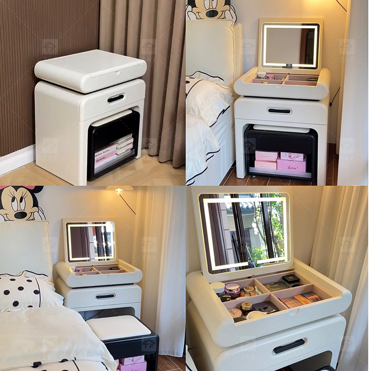 Modern Solid Wood Dressing Table with Flip Top Mirror & Storage Cabinet Multi-functional Makeup Table for Hotel & Bathroom Use