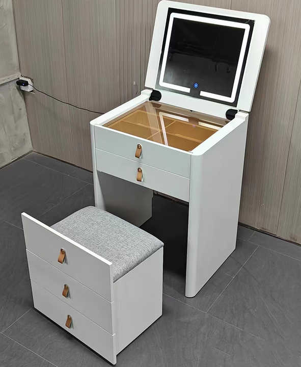 Modern Solid Wood Dressing Table with Flip Top Mirror & Storage Cabinet Multi-functional Makeup Table for Hotel & Bathroom Use