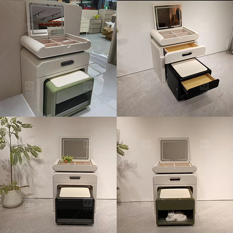Modern Solid Wood Dressing Table with Flip Top Mirror & Storage Cabinet Multi-functional Makeup Table for Hotel & Bathroom Use