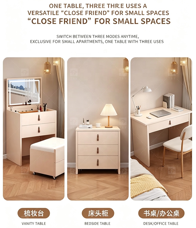 Hot Sale Modern Luxury Brown Oak Wood Dressing Table with Lighted Mirror and LED Light for Bedroom and Bathroom Use