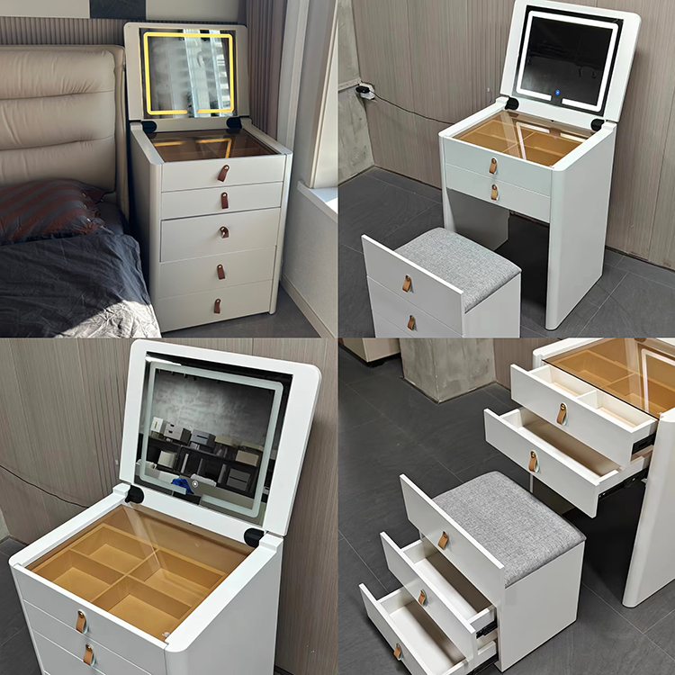 Hot Sale Modern Luxury Brown Oak Wood Dressing Table with Lighted Mirror and LED Light for Bedroom and Bathroom Use
