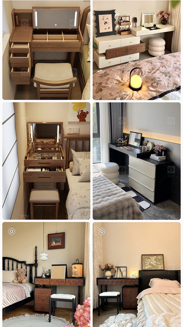 Hot Sale Modern Luxury Brown Oak Wood Dressing Table with Lighted Mirror and LED Light for Bedroom and Bathroom Use
