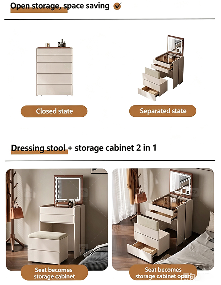 Hot Sale Modern Luxury Brown Oak Wood Dressing Table with Lighted Mirror and LED Light for Bedroom and Bathroom Use