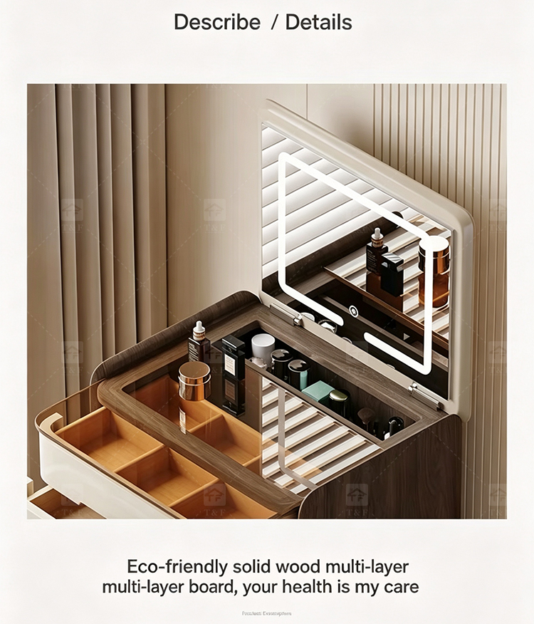 Hot Sale Modern Luxury Brown Oak Wood Dressing Table with Lighted Mirror and LED Light for Bedroom and Bathroom Use