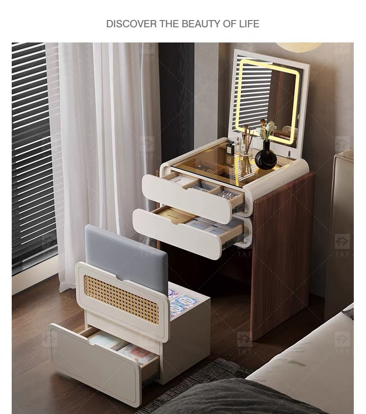 Hot Sale Modern Luxury Brown Oak Wood Dressing Table with Lighted Mirror and LED Light for Bedroom and Bathroom Use