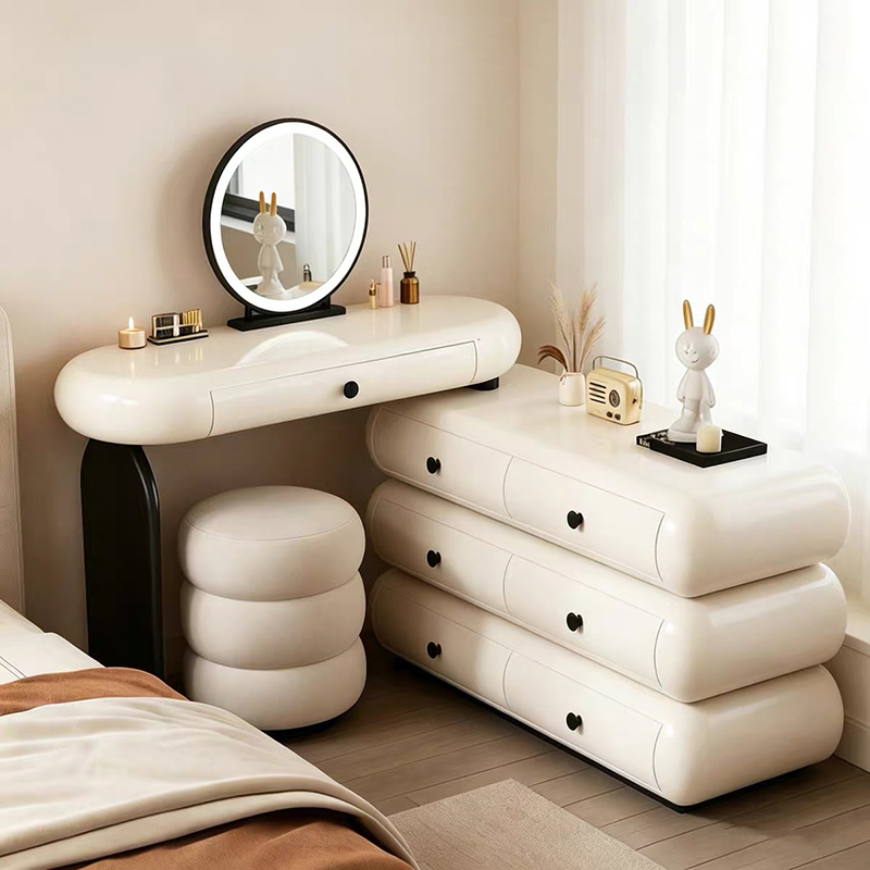 Cloud Style Vanity Table with LED Light Mirror, Rounded Makeup Dressing Table with Drawer Cabinet & Upholstered Stool