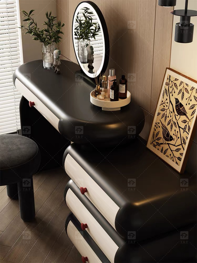 Cloud Style Vanity Table with LED Light Mirror, Rounded Makeup Dressing Table with Drawer Cabinet & Upholstered Stool