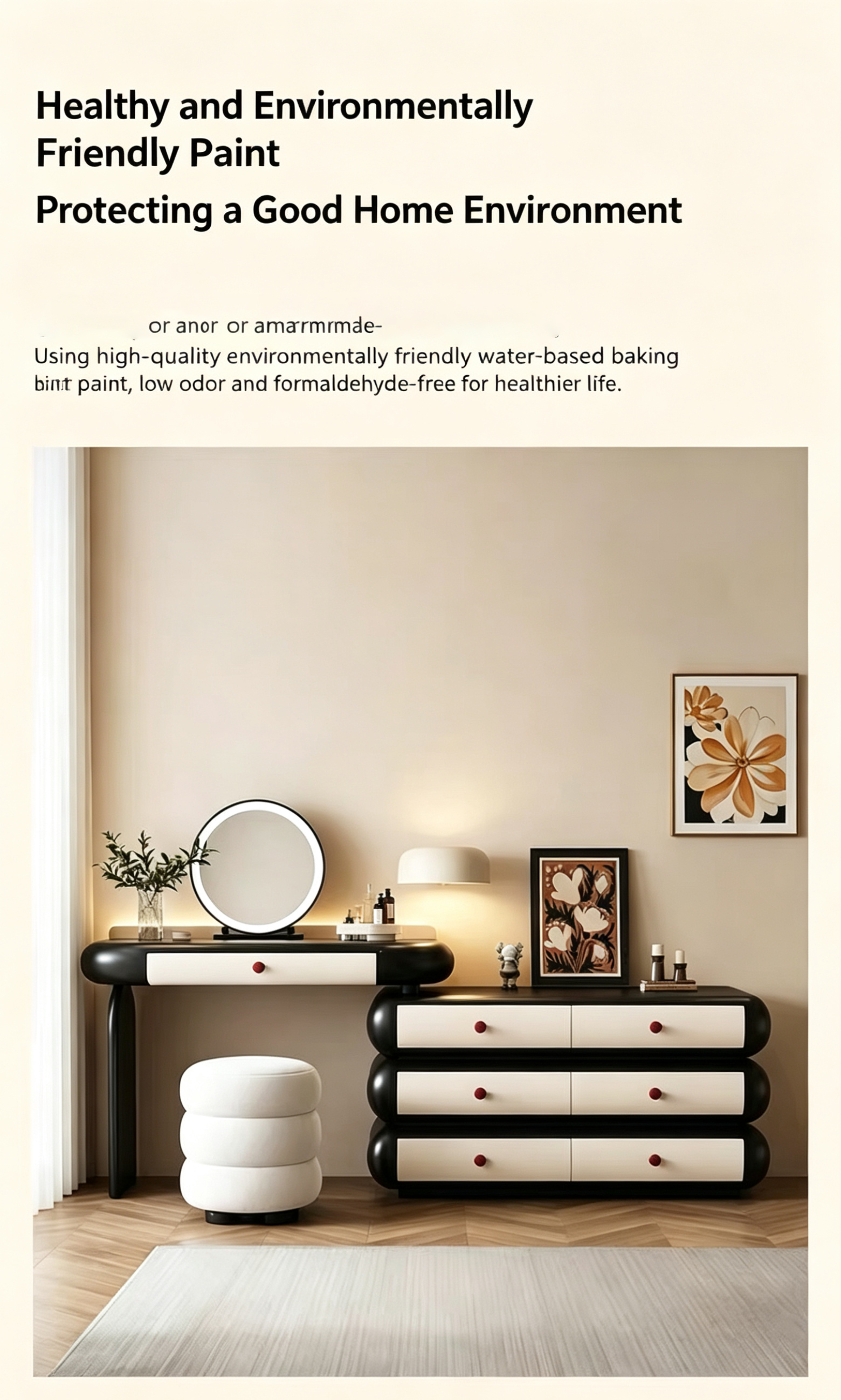 Cloud Style Vanity Table with LED Light Mirror, Rounded Makeup Dressing Table with Drawer Cabinet & Upholstered Stool