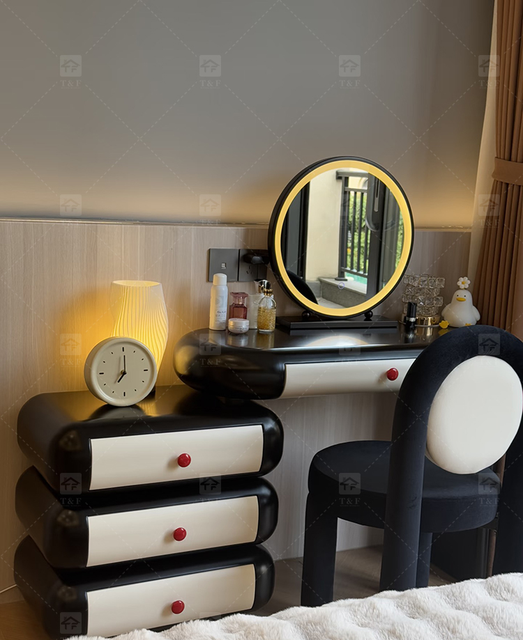 Cloud Style Vanity Table with LED Light Mirror, Rounded Makeup Dressing Table with Drawer Cabinet & Upholstered Stool