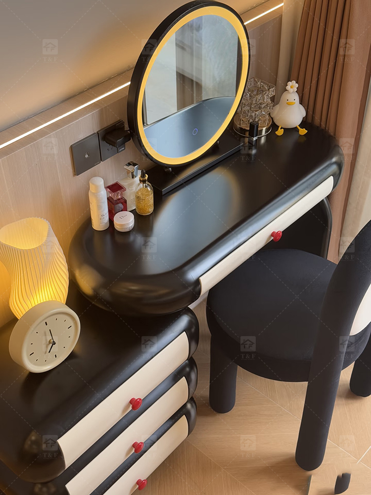 Cloud Style Vanity Table with LED Light Mirror, Rounded Makeup Dressing Table with Drawer Cabinet & Upholstered Stool