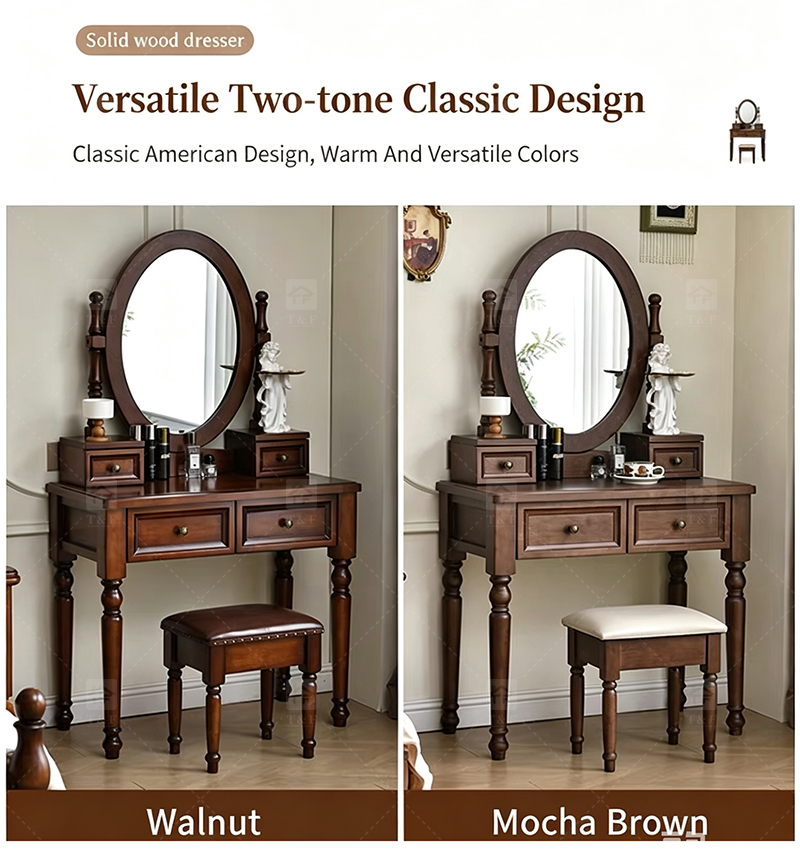 Modern Walnut Brown Makeup Vanity Set Standing Lighted Mirror Stool Turned Legs Bedroom Dressing Table for Bathroom/Living Room