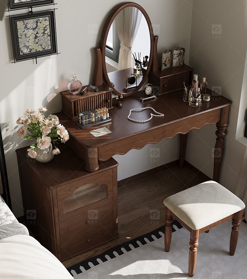 Modern Walnut Brown Makeup Vanity Set Standing Lighted Mirror Stool Turned Legs Bedroom Dressing Table for Bathroom/Living Room