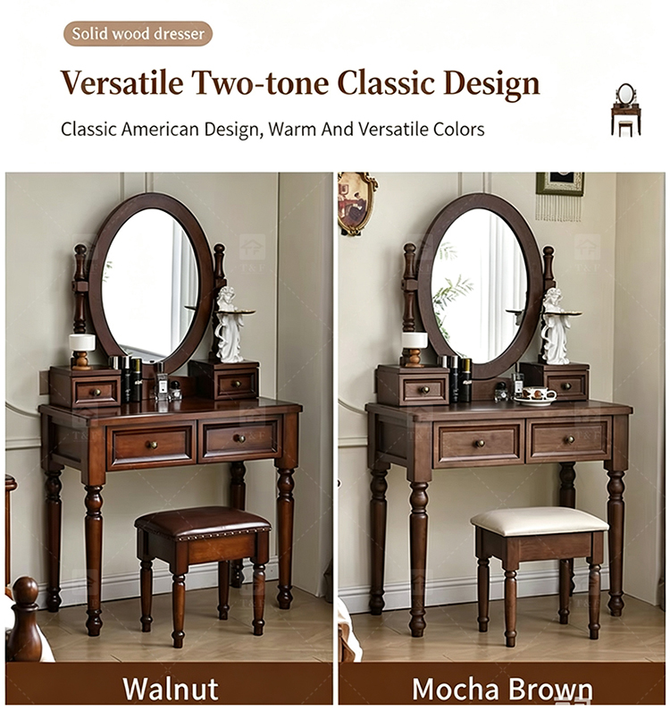 Modern Walnut Brown Makeup Vanity Set Standing Lighted Mirror Stool Turned Legs Bedroom Dressing Table for Bathroom/Living Room