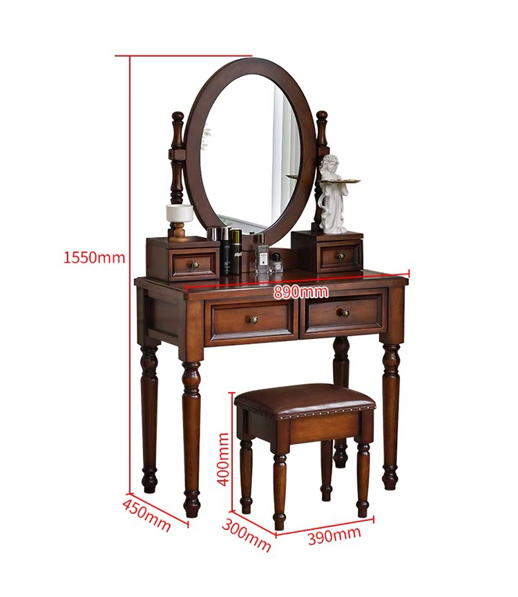 Modern Walnut Brown Makeup Vanity Set Standing Lighted Mirror Stool Turned Legs Bedroom Dressing Table for Bathroom/Living Room