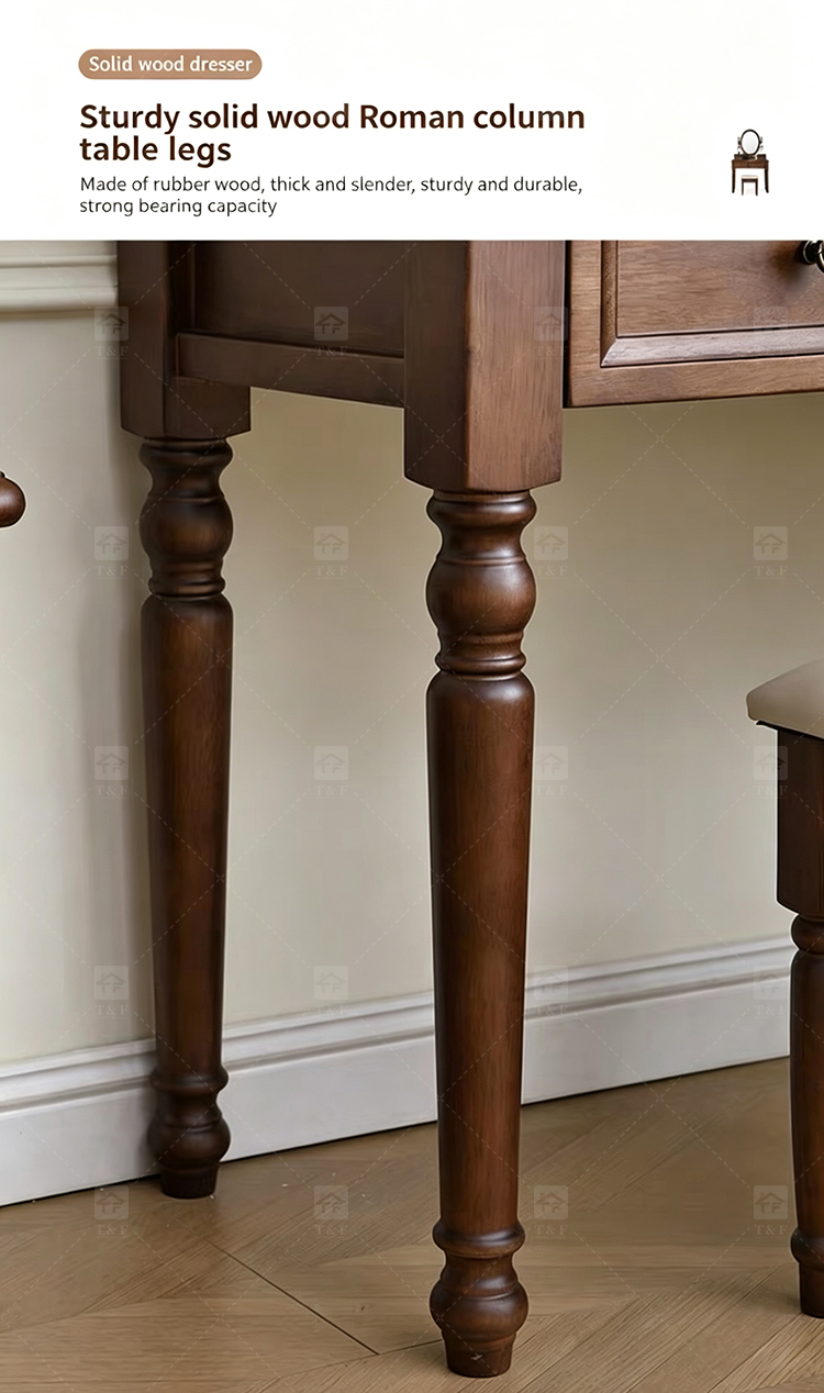 Modern Walnut Brown Makeup Vanity Set Standing Lighted Mirror Stool Turned Legs Bedroom Dressing Table for Bathroom/Living Room