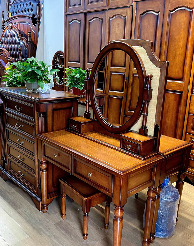 Modern Walnut Brown Makeup Vanity Set Standing Lighted Mirror Stool Turned Legs Bedroom Dressing Table for Bathroom/Living Room