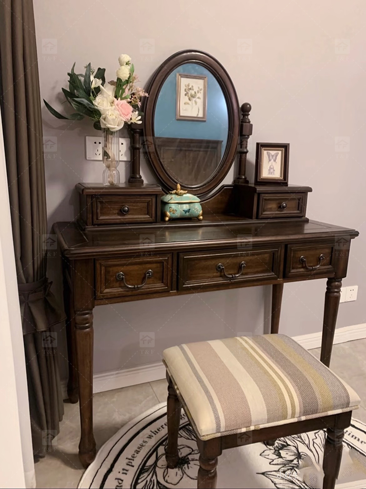 Modern Walnut Brown Makeup Vanity Set Standing Lighted Mirror Stool Turned Legs Bedroom Dressing Table for Bathroom/Living Room