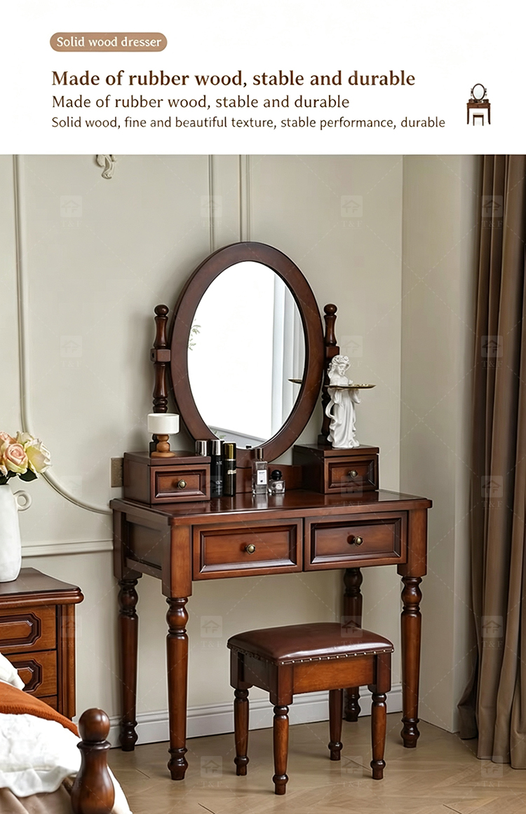 Modern Walnut Brown Makeup Vanity Set Standing Lighted Mirror Stool Turned Legs Bedroom Dressing Table for Bathroom/Living Room