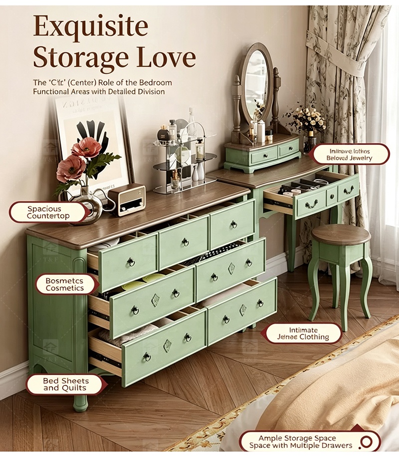 Modern Durable Mint Green Solid Wood Dressing Table Set with Mirror Stool for Bedroom Bathroom & Living Room Makeup Vanity