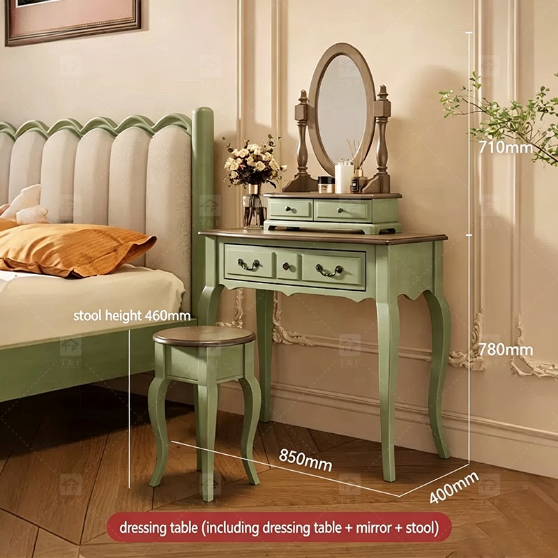 Modern Durable Mint Green Solid Wood Dressing Table Set with Mirror Stool for Bedroom Bathroom & Living Room Makeup Vanity
