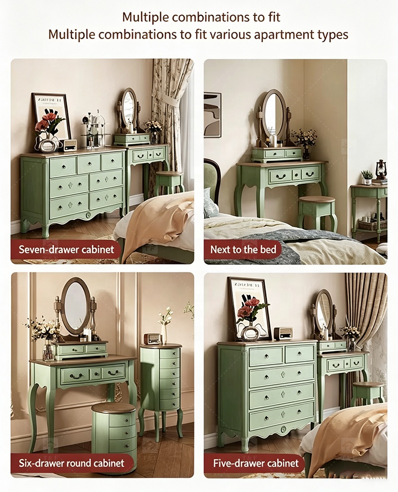 Modern Durable Mint Green Solid Wood Dressing Table Set with Mirror Stool for Bedroom Bathroom & Living Room Makeup Vanity