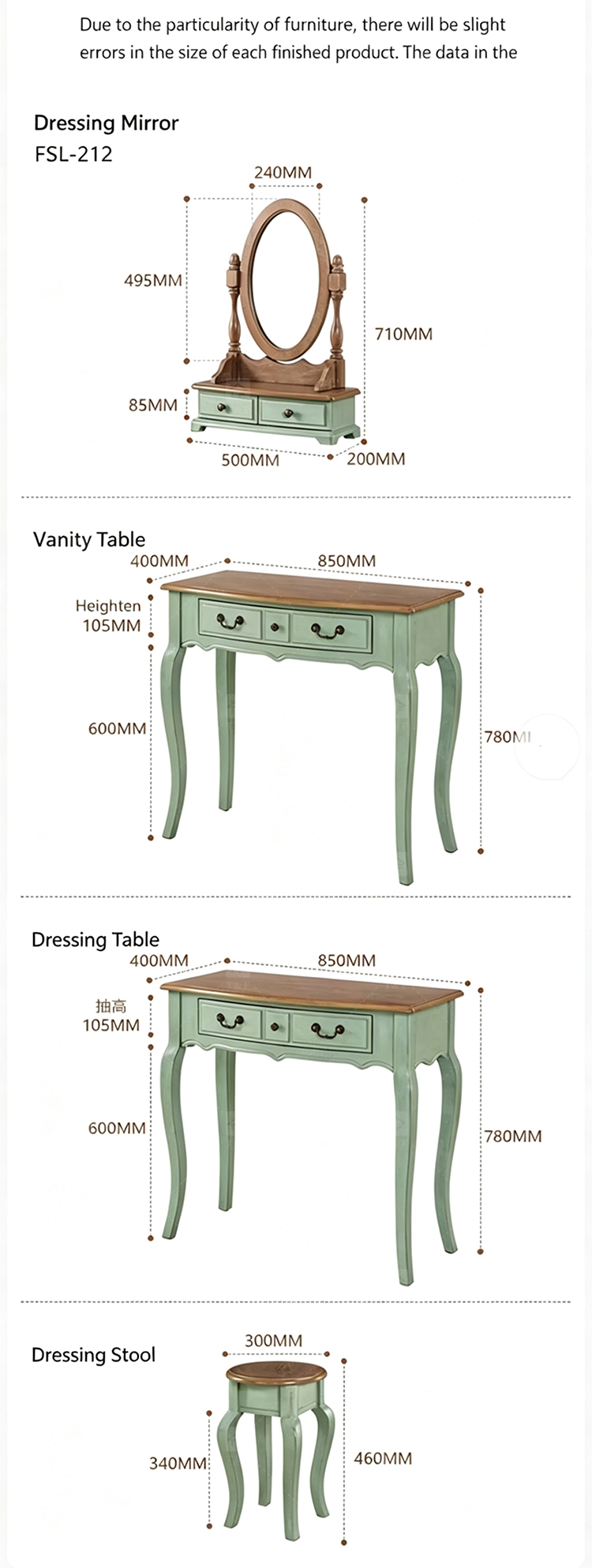 Modern Durable Mint Green Solid Wood Dressing Table Set with Mirror Stool for Bedroom Bathroom & Living Room Makeup Vanity
