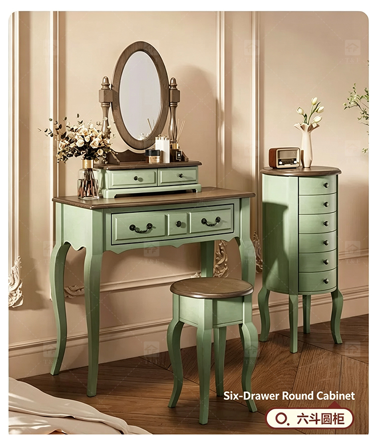 Modern Durable Mint Green Solid Wood Dressing Table Set with Mirror Stool for Bedroom Bathroom & Living Room Makeup Vanity