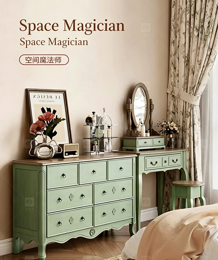 Modern Durable Mint Green Solid Wood Dressing Table Set with Mirror Stool for Bedroom Bathroom & Living Room Makeup Vanity
