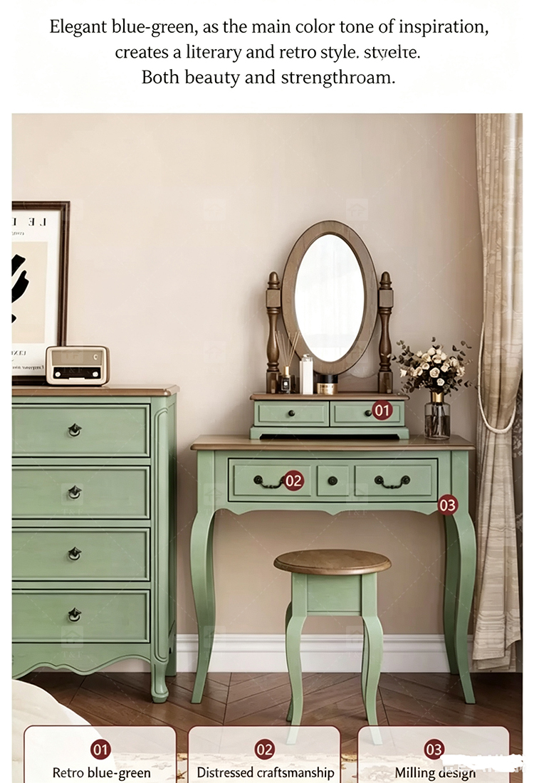 Modern Durable Mint Green Solid Wood Dressing Table Set with Mirror Stool for Bedroom Bathroom & Living Room Makeup Vanity