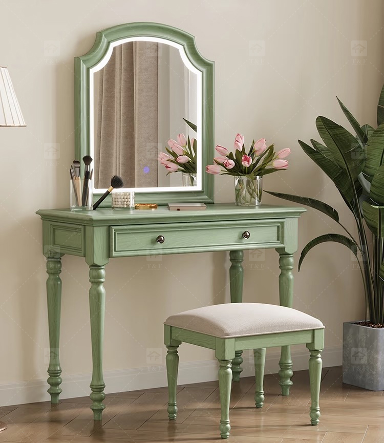 Modern Durable Mint Green Solid Wood Dressing Table Set with Mirror Stool for Bedroom Bathroom & Living Room Makeup Vanity