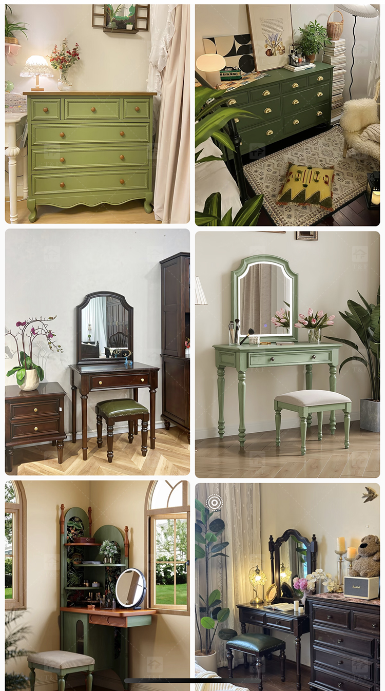 Modern Durable Mint Green Solid Wood Dressing Table Set with Mirror Stool for Bedroom Bathroom & Living Room Makeup Vanity