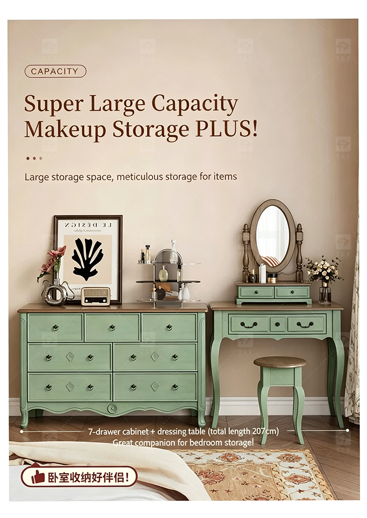 Modern Durable Mint Green Solid Wood Dressing Table Set with Mirror Stool for Bedroom Bathroom & Living Room Makeup Vanity