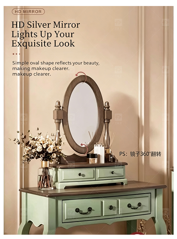 Modern Durable Mint Green Solid Wood Dressing Table Set with Mirror Stool for Bedroom Bathroom & Living Room Makeup Vanity