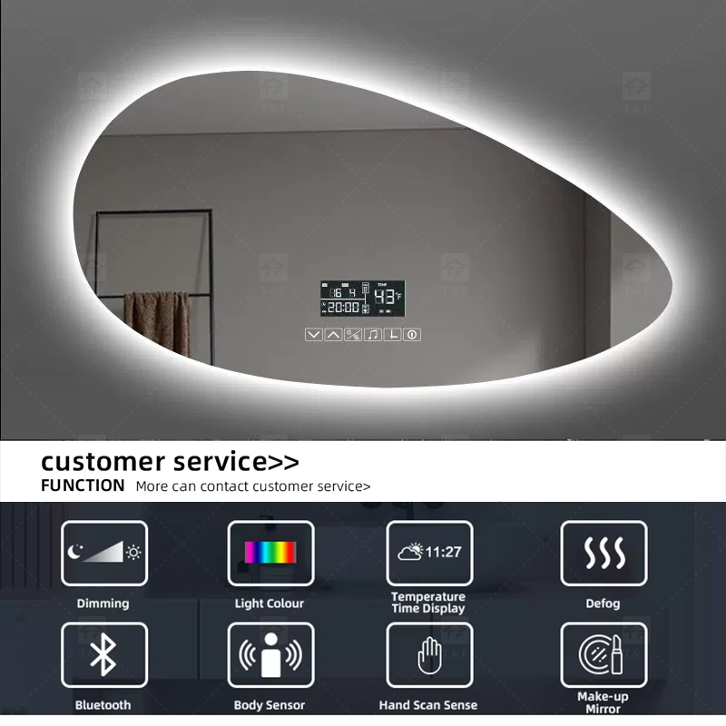 Smart LED Bathroom Light Miroir Irregular Oval Waterproof Backlit Vanity Wall Mirror with Defogger Touch Sensor Switch
