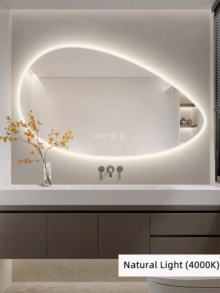 Smart LED Bathroom Light Miroir Irregular Oval Waterproof Backlit Vanity Wall Mirror with Defogger Touch Sensor Switch