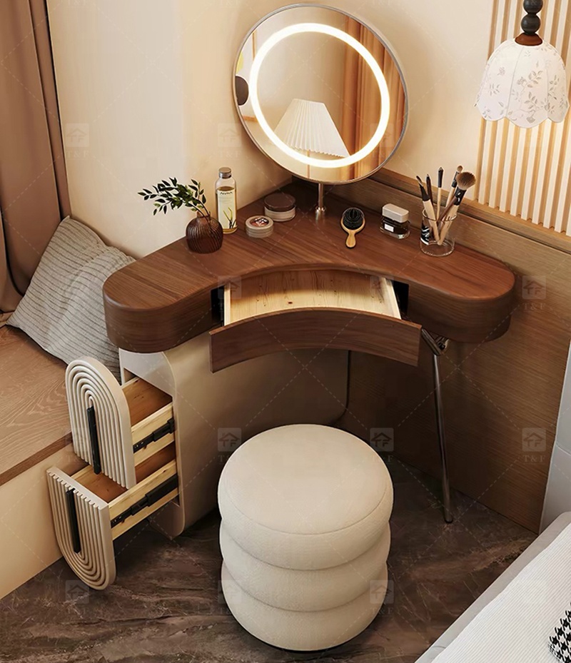 Wholesale Modern Triangle Corner Vanity Table Set LED Light Mirror Storage Drawers Stool Small Space Bedroom Hotel Use