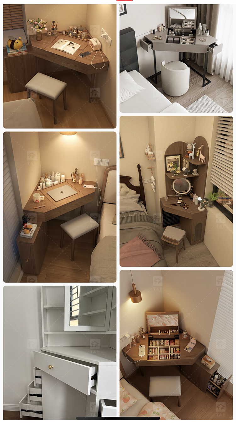 Wholesale Modern Triangle Corner Vanity Table Set LED Light Mirror Storage Drawers Stool Small Space Bedroom Hotel Use