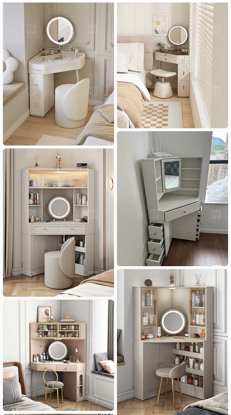 Wholesale Modern Triangle Corner Vanity Table Set LED Light Mirror Storage Drawers Stool Small Space Bedroom Hotel Use