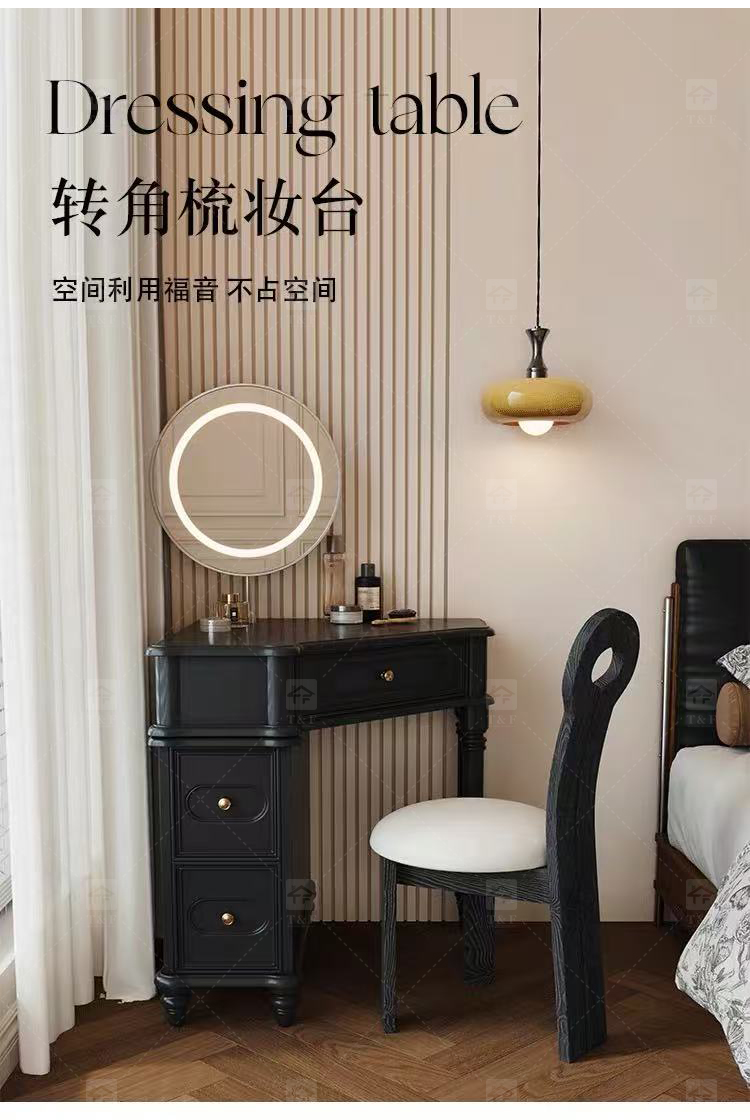 Wholesale Modern Triangle Corner Vanity Table Set LED Light Mirror Storage Drawers Stool Small Space Bedroom Hotel Use