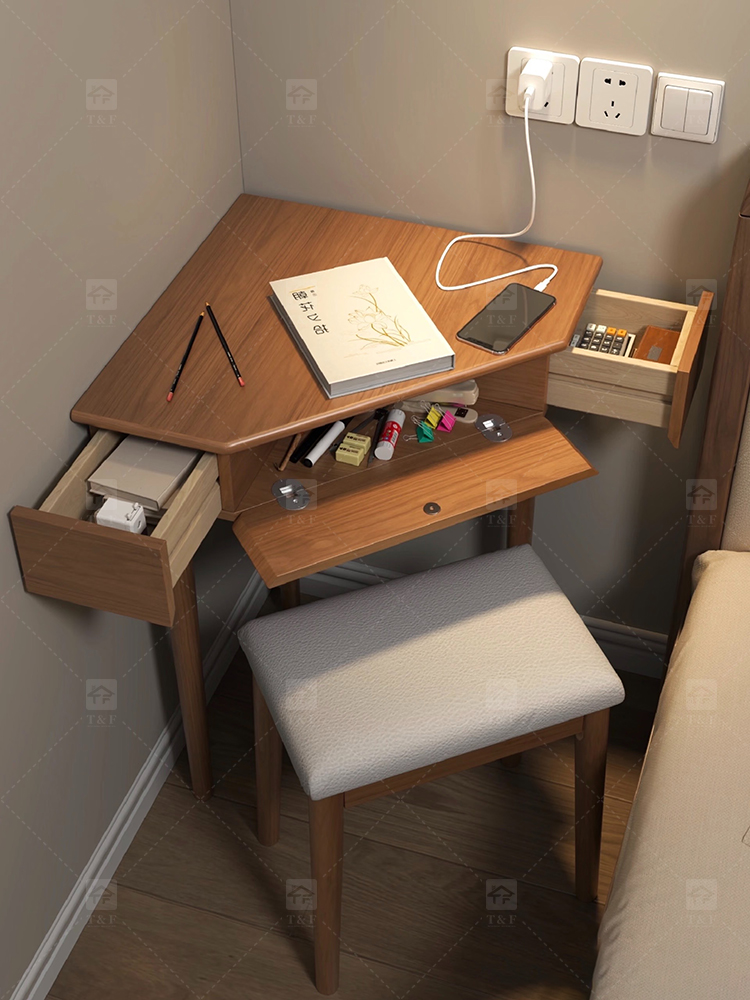 Wholesale Modern Triangle Corner Vanity Table Set LED Light Mirror Storage Drawers Stool Small Space Bedroom Hotel Use